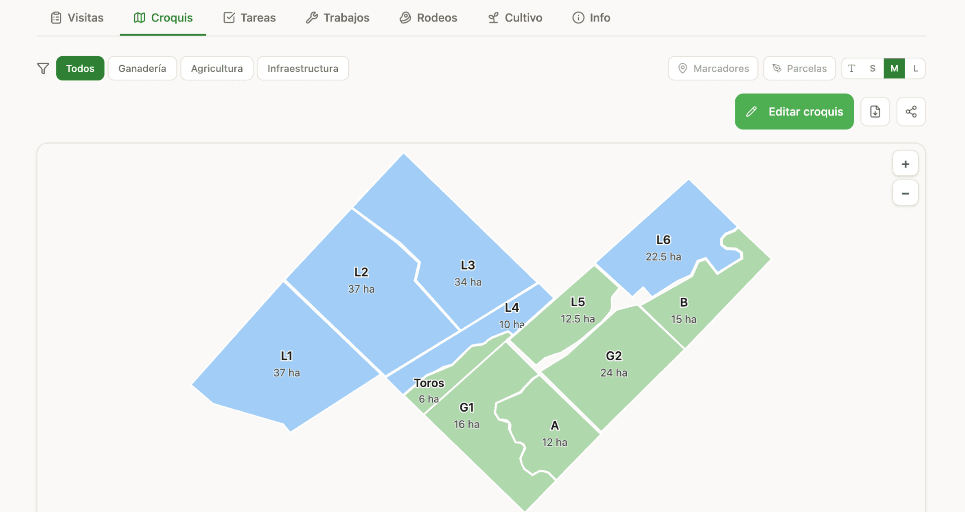 CampoVet — mapa de parcelas con croquis